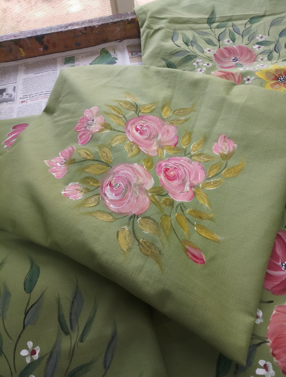Hand painted roses on fabric